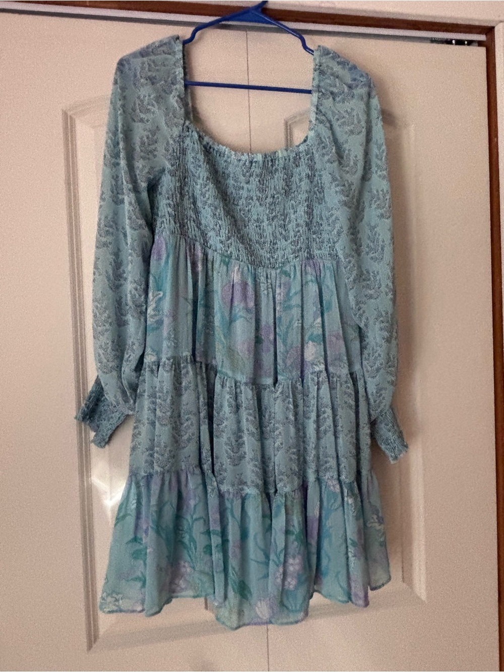 Taylor Light Blue Floral Tiered Long-Sleeve Dress